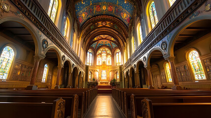 Fototapeta premium Grand Interior of an Ornate Cathedral with Stained Glass and Vaulted Ceilings : Generative AI