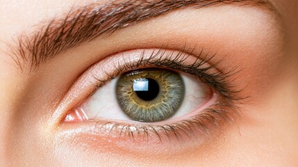 Obraz premium Close-up of an expressive green eye with detailed iris patterns and eyelashes in soft lighting