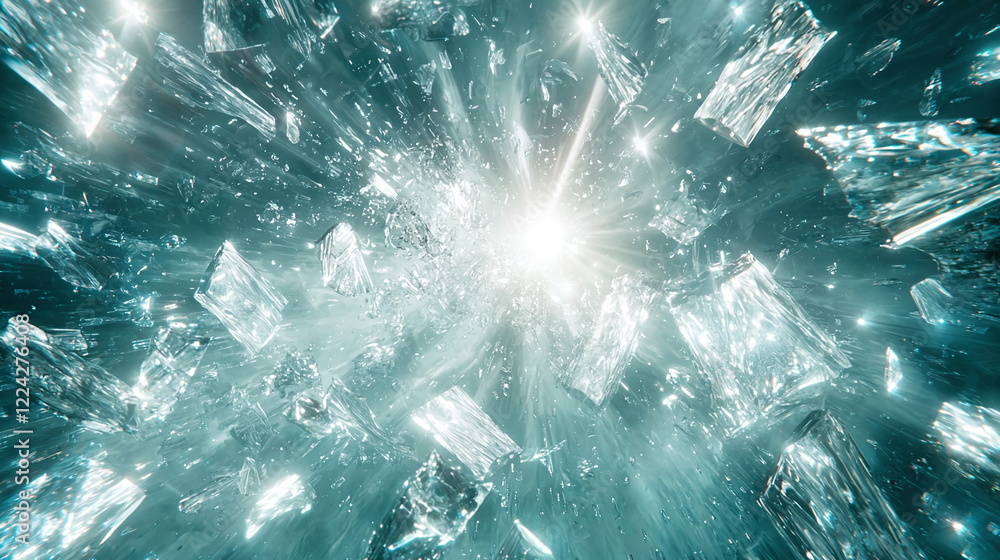 Poster bright shards of shattered glass radiating from a central point with a glowing light surrounded by a