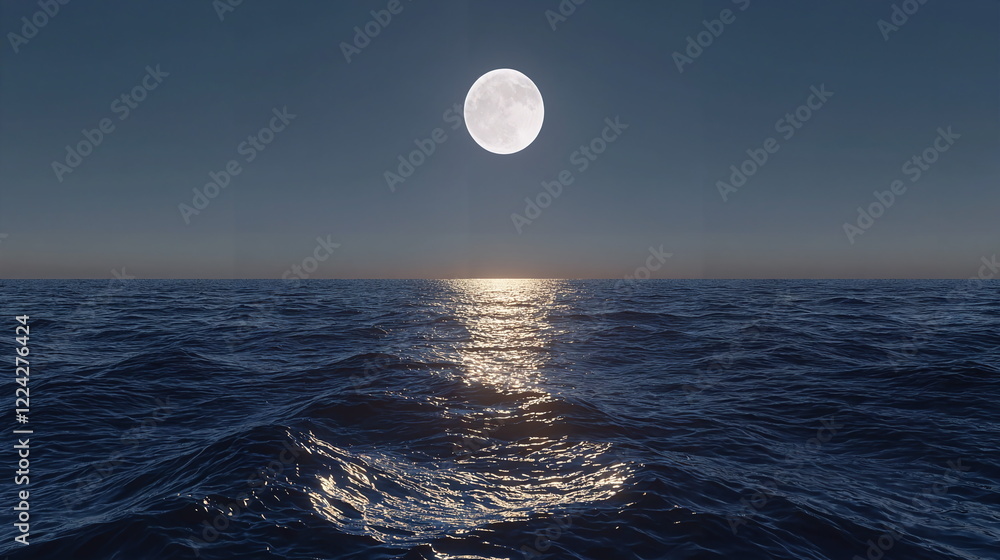 Poster bright full moon reflecting on calm ocean waters during twilight, creating a serene landscape with g