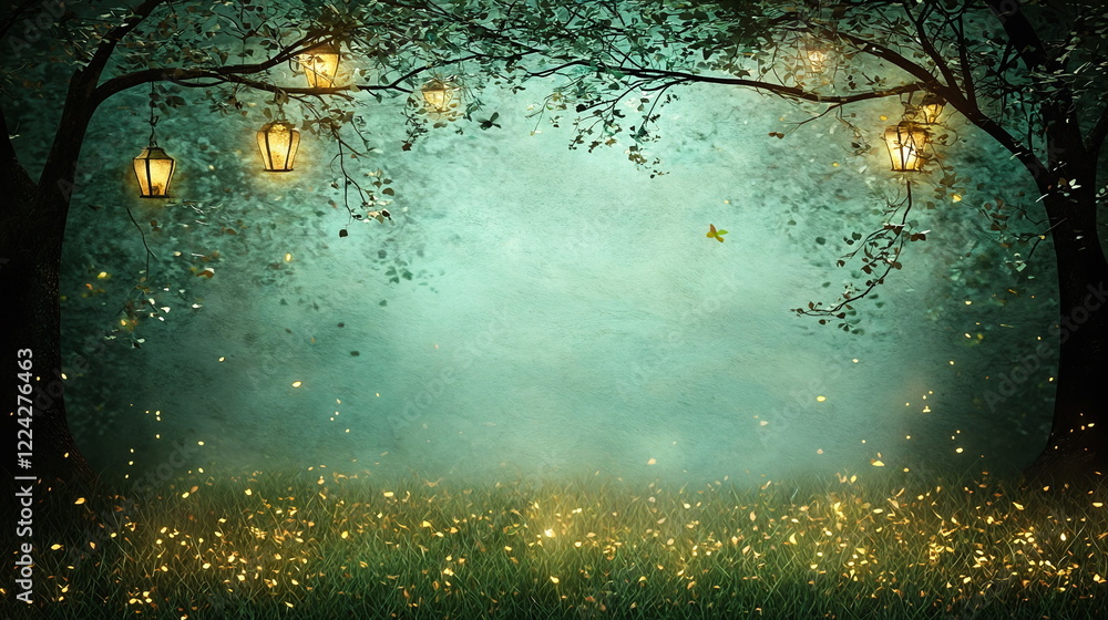Aufkleber glowing lanterns hanging from tree branches in a misty forest clearing illuminated by soft green hue