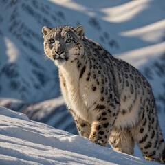 Fototapeta premium A snow leopard standing tall on a snowy ridge with the morning sun casting long shadows.