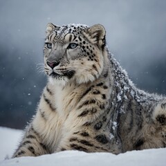 A snow leopard’s fur blending perfectly with the rugged, snowy backdrop.