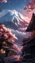 Obraz premium Illustration of Mount Fuji, trees and flowers on the hillside, watercolor painting