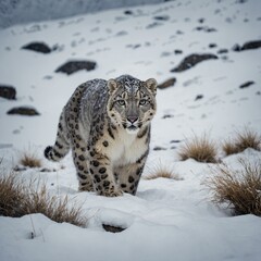  snow leopard walking through a valley filled with untouched, deep snow.