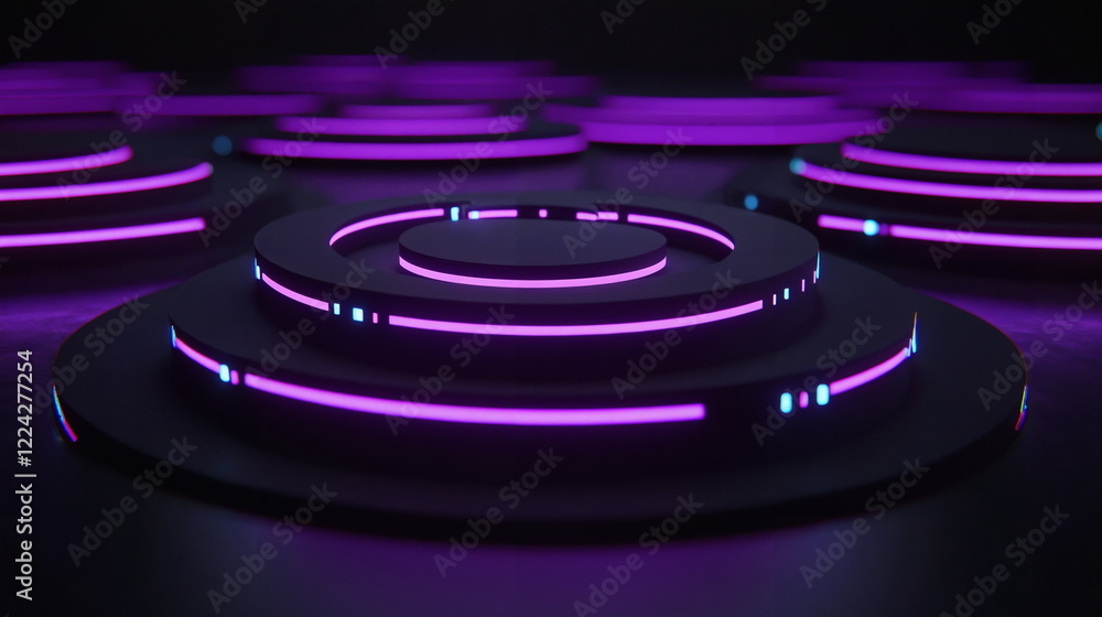 Poster vibrant purple glowing circular platforms arranged in layers against a dark background, creating an 