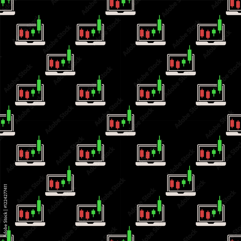 Poster candlestick pattern on laptop screen vector margin trading colored seamless pattern