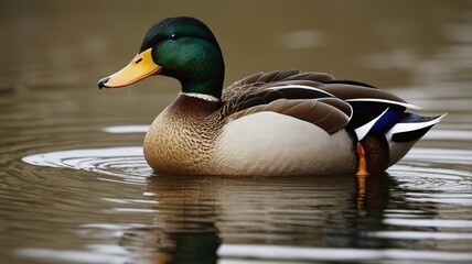 Obraz premium A mallard duck glides smoothly on serene water, with its reflection rippling gently below