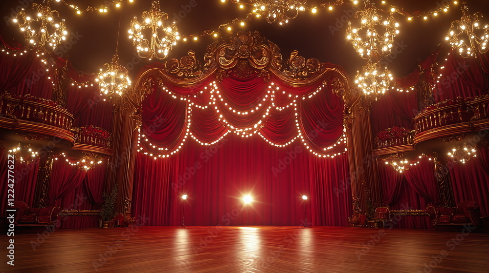Poster luxurious theater stage adorned with ornate red curtains and sparkling chandeliers, ready for a perf