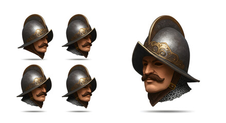 Conquistador Head Portraits Game Asset Pack isolated on white background. Generative AI
