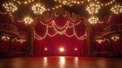 Luxurious theater stage adorned with ornate red curtains and sparkling chandeliers, ready for a performance with warm lighting adding a magical ambiance to the atmosphere.