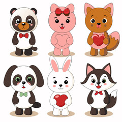 Fototapeta premium Six cute cartoon animals holding hearts.