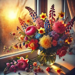 A bouquet of spring flowers in a glass vase on a table by the window in a cozy interior setting filled with natural light and fresh spring vibes