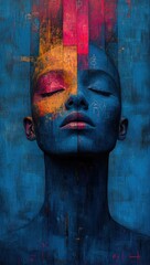 Surreal Portrait of a Woman with Geometric Head, Abstract Colors, Digital Collage, Youth Culture, Retro Aesthetic, Futuristic Design