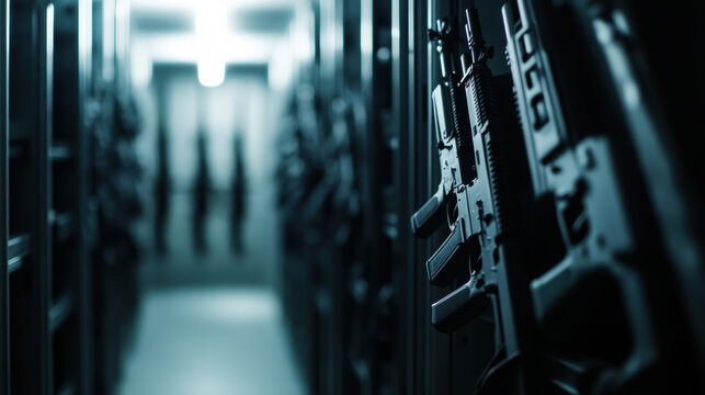Dimly Lit Armory with Assault Rifles Arrayed in Symmetric Rows