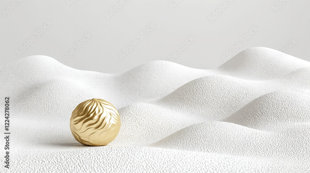 Aufkleber golden sphere resting on textured white surface resembling gentle waves, creating a minimaic and mod