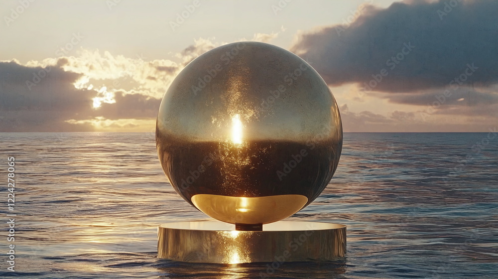 Poster golden sphere floating on calm ocean surface during sunset with clouds in the background reflecting 