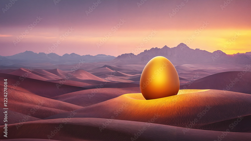 Poster golden egg resting on sand dunes at sunset with mountains in the background creating a serene and my