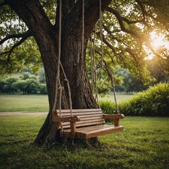 A wooden swing hanging from a tree in a park. Suitable for outdoor recreation concept.

