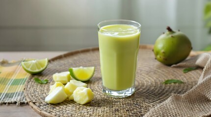 Fototapeta premium Refreshing Suco de Graviola (Soursop Juice) with fresh lime wedges and tropical fruits (Bahian Cuisine)