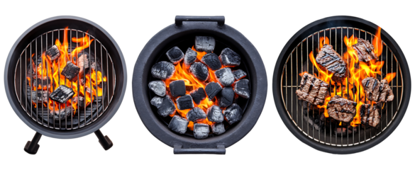 Three stages of grilling, coals, glowing coals, and grilling meat.