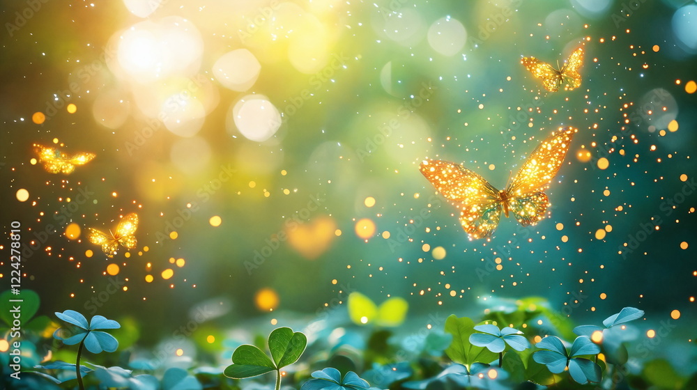 Poster glittering butterflies floating gracefully above lush green clovers in a sunlit background with a dr