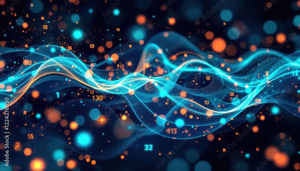 Aufkleber abstract digital wave with glowing particles and numbers on dark background
