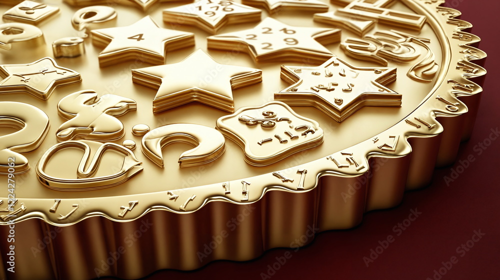 Poster golden decorative coin with intricate symbols and numbers carved on its surface, reflecting light in