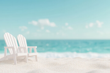 Fototapeta premium Serenity by the Sea Two Empty White Chairs on a Sandy Beach with a Tranquil Ocean Background