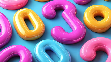 Naklejka premium Colorful numbers scattered on a bright blue background in vibrant pink, orange, and turquoise hues that create a playful, whimsical feeling of fun and creativity.