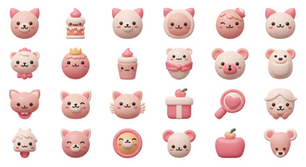 Adorable Pink Cute Animal Icons 3D Render for App Design isolated on white background. Generative AI