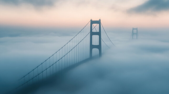 Golden Gate Bridge Emerging Through Dense Fog at Dusk