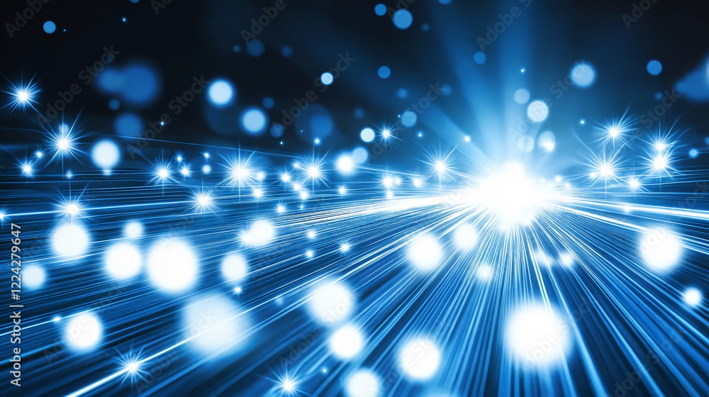 Poster bright blue lights radiating outward with shimmering particles and a burst effect in a dark backgrou
