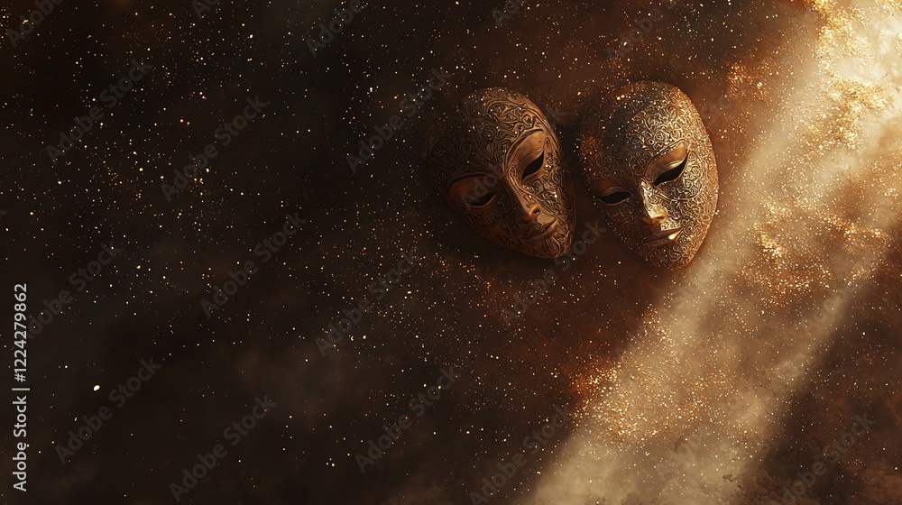 Poster golden masks floating in a cosmic background with stars and a beam of light illuminating the scene, 