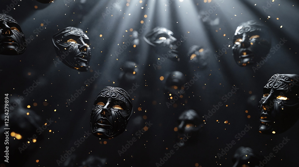 Poster black masks floating in a dark environment illuminated by soft beams of light, creating a mysterious