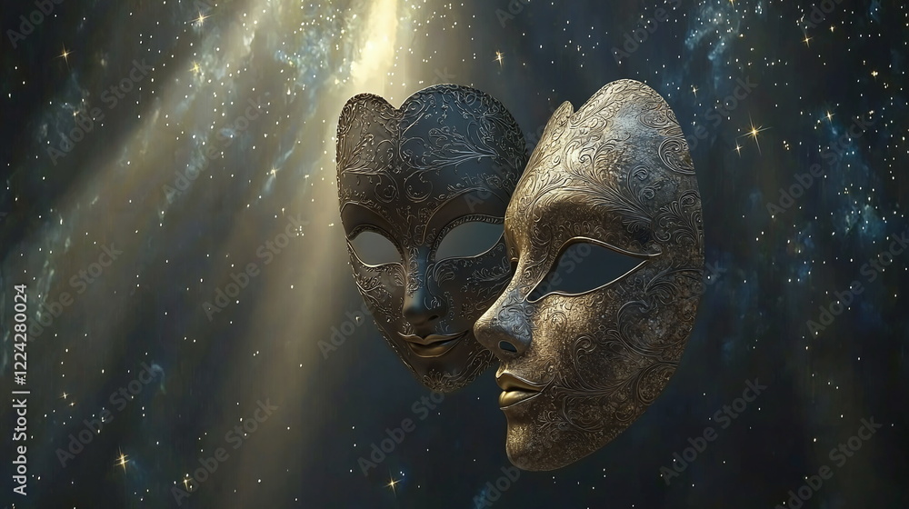 Poster ornate masks floating in cosmic space with intricate designs illuminated by a distant light source, 
