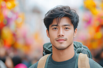 Young Asian Male Traveler Exploring Vibrant Street Market with Backpack
