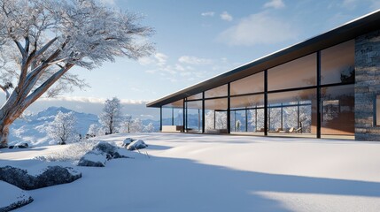 Modern House in Snowy Mountain Landscape