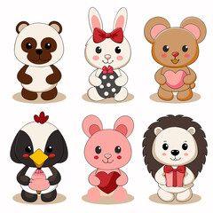 Fototapeta premium Adorable cartoon animals holding gifts and hearts. (2)