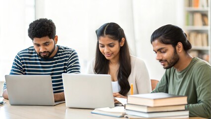 Fototapeta premium Indian college students studying together in a library, working on laptops and taking notes. The atmosphere is focused and collaborative, with books and notebooks scattered on the table.