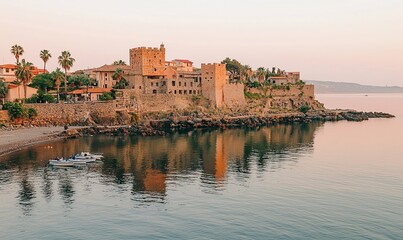 Fototapeta premium Coastal castle at sunset with boat, reflecting in calm sea, historic architecture, tourism
