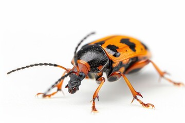 Intricate orange and black beetle walking on a white surface in a close-up exploration of nature's detailed artistry isolated on transparent background