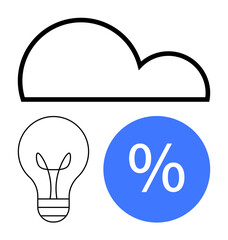 Lightbulb, cloud, and blue percentage sign. Ideal for innovation, technology, data analysis, cloud computing, savings efficiency education. Simple abstract line flat metaphor