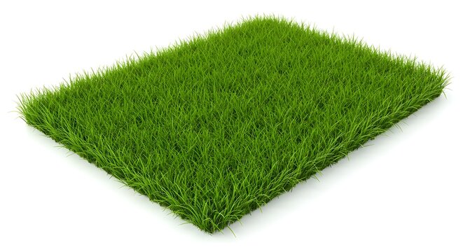 A vibrant, rectangular patch of lush green grass isolated on a white background