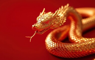 Obraz premium 3D golden snake with red background, New Year decorations, Chinese style, paper-cut art style, red festive atmosphere, indoor scene, 