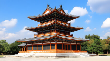 Naklejka premium Traditional Pagoda Architecture under Clear Blue Sky in Peaceful Park Setting : Generative AI