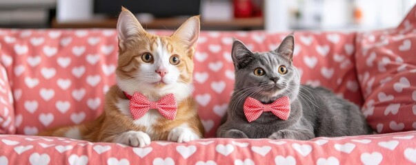Love your pet day concept. A dog and a cat wearing matching bow ties, sitting on a couch covered in heart-patterned fabric