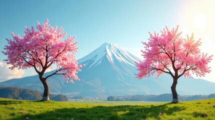 Serene landscape showcasing two blossoming pink trees in a verdant meadow, with a majestic snow-capped mountain forming a breathtaking backdrop under a vibrant, clear sky.