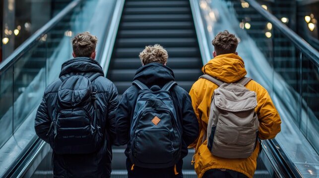 Three young men ascend escalator, modern building background, travel concept