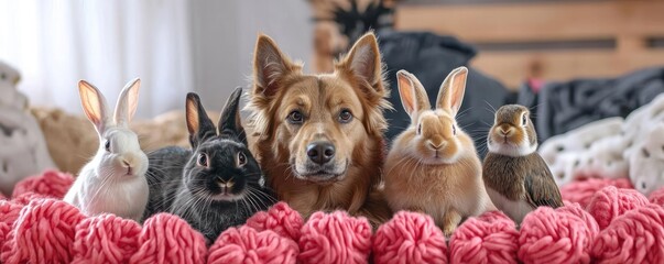 Love your pet day concept. A group of pets, including a dog, cat, rabbit, and bird, sitting together in a heart-decorated room